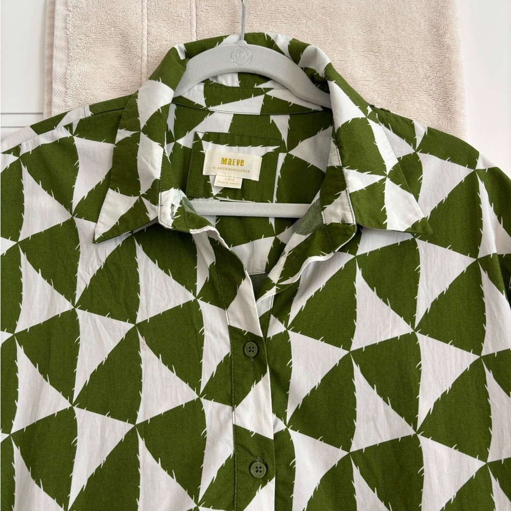 Anthropologie Olive Green and Cream Geometric Long Sleeve Maxi Dress - Picture 6 of 9
